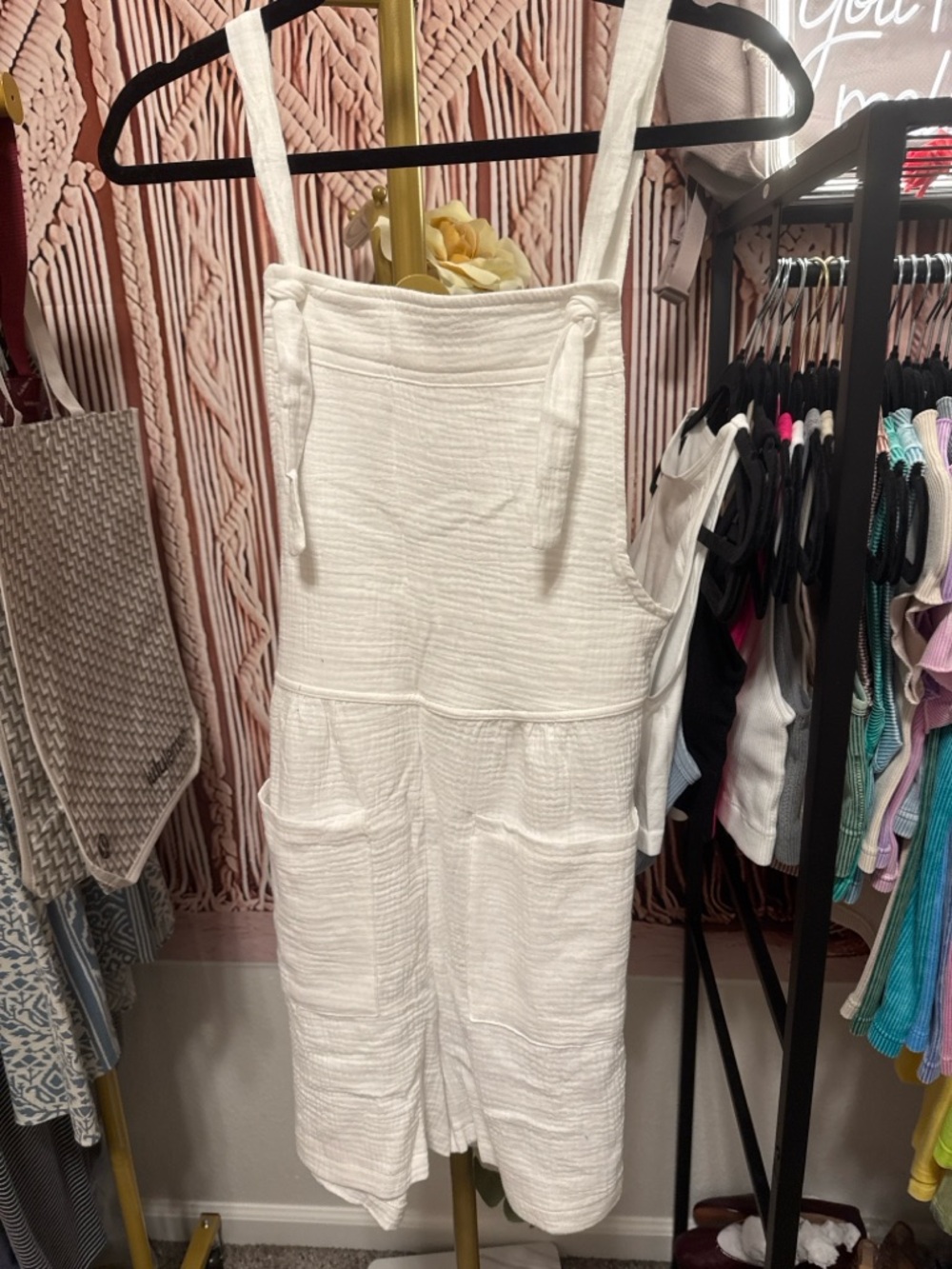 Zenana White Textured Cotton Romper Overalls